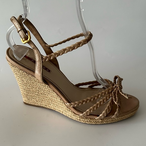 Prada Wedge Platform Sandals Cream Leather Ankle Strap Cork  Size 39.5 - Picture 1 of 9